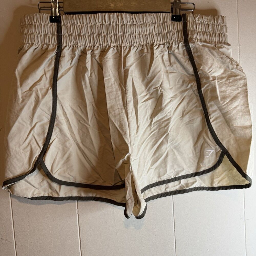 Gymshark Women's Beige Athletic Shorts Black Trim 100% Nylon